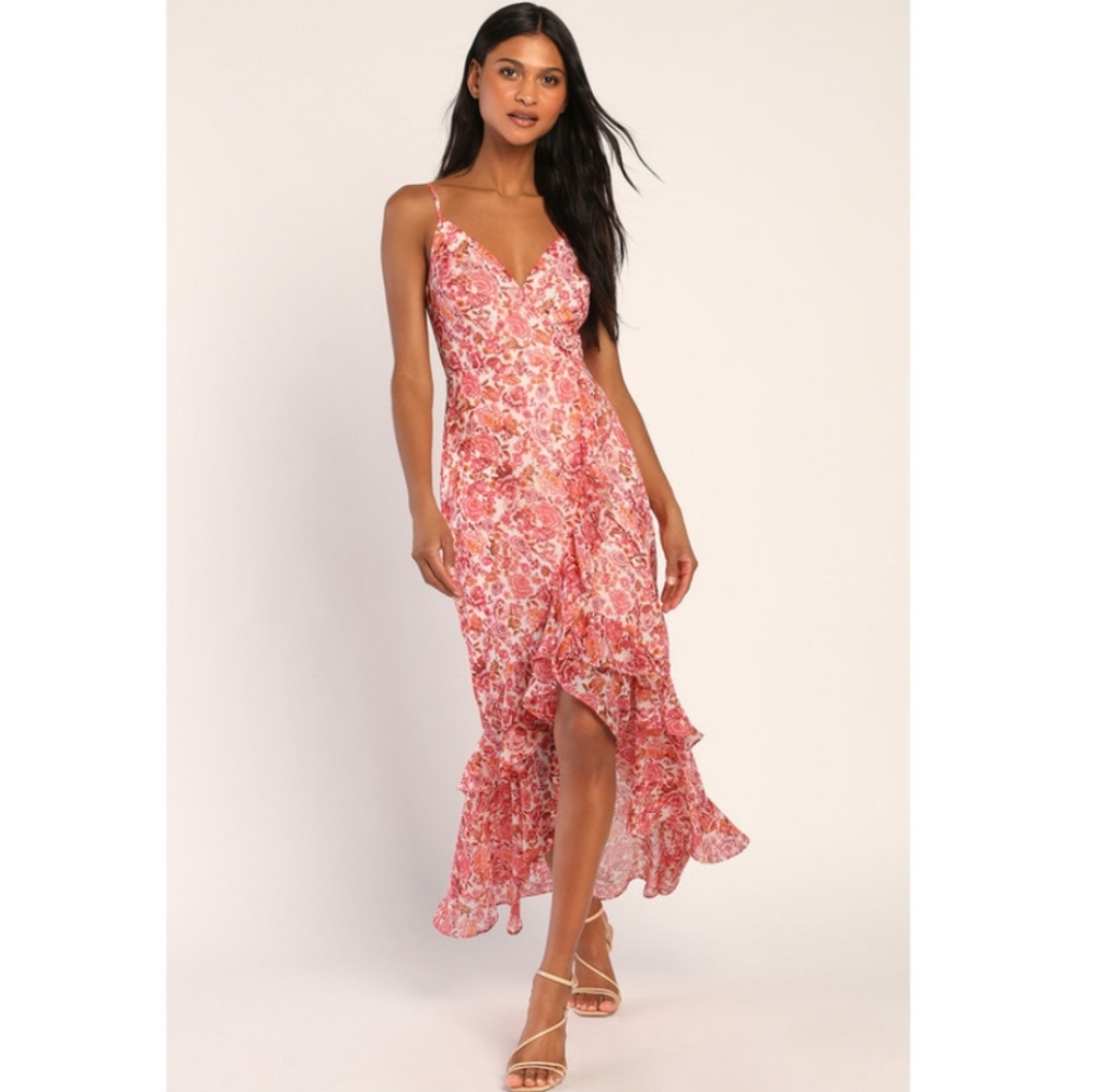 Lulus Always Enchanting Pink Floral Metallic Ruffled High-low Dress - Size M